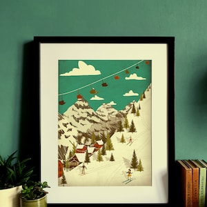 Skiing Mountain Vintage Illustration Print A3 | A4