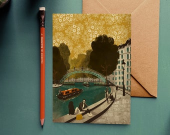 Tarjeta con ilustración del canal Saint-Martin de París