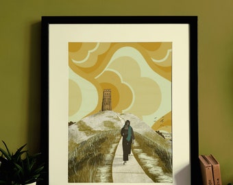 Ilustración de invierno de Glastonbury Tor Somerset, impresión A3