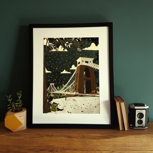 Bristol Christmas Clifton Suspension Bridge View Illustration Poster A3
