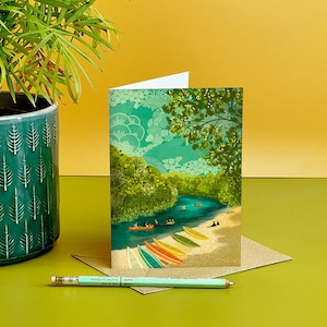 Tarjeta con ilustración de canotaje en el río Wye