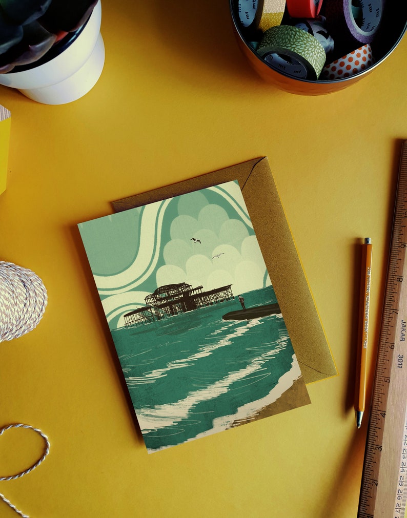 Tarjeta con ilustración del muelle oeste de Brighton imagen 1