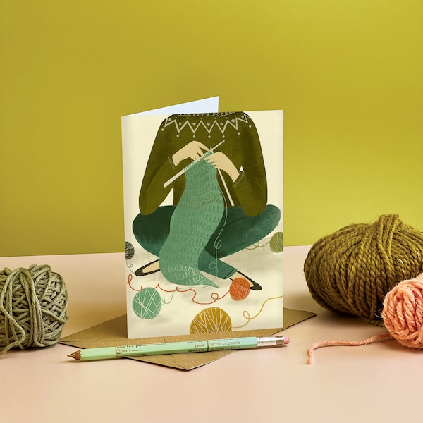 Knitting Girl Illustration Card