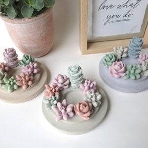 Puede incluir: Tres soportes de anillo de hormigón con un diseño de suculentas. Los soportes son en tonos de rosa, verde y azul. El texto "love what you do" es visible en el fondo.