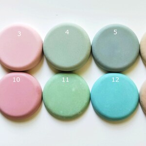 May include: Fourteen round, flat, smooth, painted discs in various shades of pink, gray, beige, and green. The discs are numbered 1 through 14.
