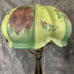 Antique Pairpoint Patinated Brass Table Lamp Red Roses Floral Puffy Venice Glass Shade