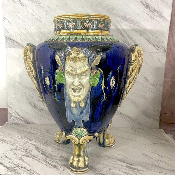 Lg Continental Victorian Majolica Bacchus Paw Feet Urn