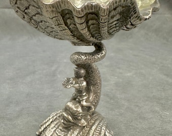 Seltene Barker Ellis England Silberplatte Figural Salzkeller Putten Delphin Muschel