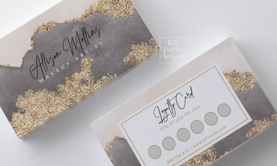Watercolor loyalty card design gold printable loyalty card design gold grey reward card gold glitter makeup artist hair stylist lash nails Il_570xn