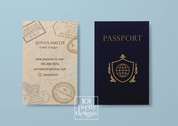 Travel business card traveller business card passport business card design travel blogger modern business card printeble gold navy tourism Il_570xn