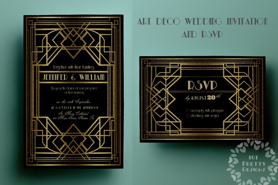 Printable Art Deco Wedding Invitation Template Gatsby Rsvp Gold