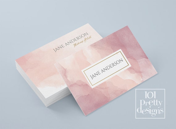 Watercolor business card template pastel printable business card design gold and pink business cards custom busienss card gold pink makeup Il_570xn