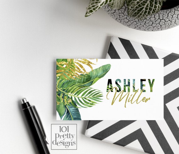 Tropical business card printable business card exotic business cards design gold glitter exotic leaves calling card botanical business card Il_570xn