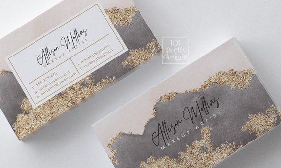 Gold glitter business card design printable business card gold grey watercolor business cards modern business card golden makeup artist Il_570xn