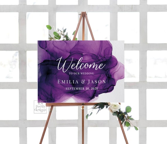Watercolor wedding sign purple wedding welcome sign printable welcome purple welcome sign watercolor welcome signs reception modern wedding Il_570xn