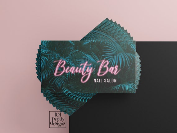 Tropical business card design exotic business card printable business card pink neon business card palm leaves business card beauty bar nail Il_570xn