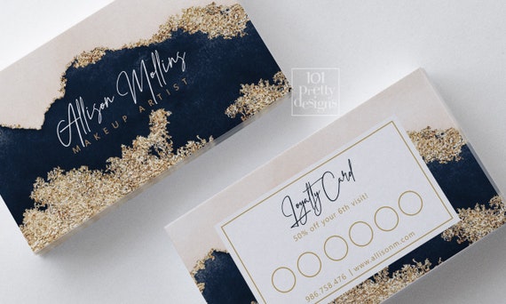 Watercolor loyalty card design gold printable loyalty card design gold navy reward card gold glitter makeup artist hair stylist lash nails Il_570xn