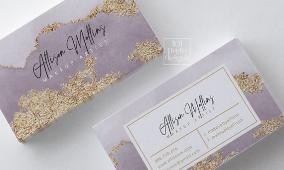 Gold glitter business card design printable business card gold lavender watercolor business cards modern business card golden makeup artist Il_570xn