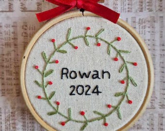 Christmas Personalised Handmade Embroidered Hoop Tree Ornament Bauble