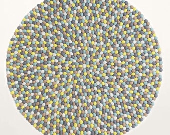 Felt ball rug - Bubbles | Yellow / Blue / Grey | Filzkugelteppich (fast shipping)