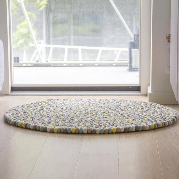 Filzkugelteppich Bubbles Gelb Blau Grau Una Living Etsy