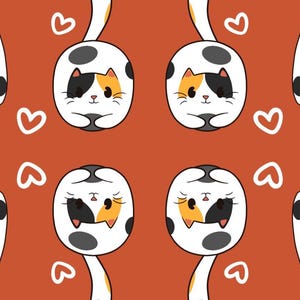 Pode incluir: Um padr&atilde;o repetido de gatos de desenho animado em branco, preto e laranja, com formas de cora&ccedil;&atilde;o brancas em um fundo laranja. Os gatos est&atilde;o em v&aacute;rias poses, alguns em p&eacute; e outros de cabe&ccedil;a para baixo.