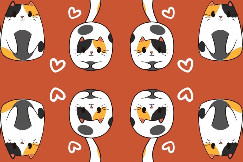 Pode incluir: Um padr&atilde;o repetido de gatos de desenho animado em branco, preto e laranja, com formas de cora&ccedil;&atilde;o brancas em um fundo laranja. Os gatos est&atilde;o em v&aacute;rias poses, alguns em p&eacute; e outros de cabe&ccedil;a para baixo.