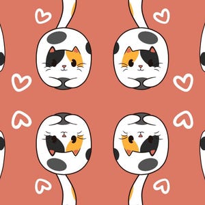 Pode incluir: Padr&atilde;o repetido de gatos de desenho animado em v&aacute;rias poses sobre um fundo coral. Os gatos s&atilde;o brancos com manchas pretas, laranja e amarelas. Cora&ccedil;&otilde;es brancos est&atilde;o espalhados por todo o design. Os gatos est&atilde;o em diferentes orienta&ccedil;&otilde;es.