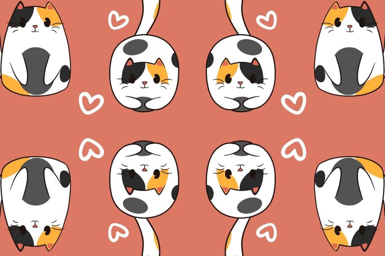 Pode incluir: Padr&atilde;o repetido de gatos de desenho animado em v&aacute;rias poses sobre um fundo coral. Os gatos s&atilde;o brancos com manchas pretas, laranja e amarelas. Cora&ccedil;&otilde;es brancos est&atilde;o espalhados por todo o design. Os gatos est&atilde;o em diferentes orienta&ccedil;&otilde;es.