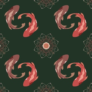 Puede incluir: Patrón sin costuras con peces koi en tonos rojos y marrones, junto con diseños de mandala floral. Los peces están dispuestos en pares, creando un diseño equilibrado sobre un fondo verde oscuro.