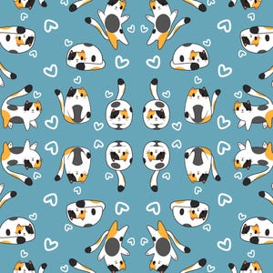 May include: A repeating pattern featuring cartoon cats in different poses on a teal background. The cats are coloured white, black, and orange, with heart shapes interspersed. The design is playful and whimsical, suitable for various applications.