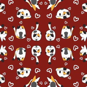 May include: A repeating pattern featuring cartoon cats in white, orange, and black, interspersed with white hearts on a dark red background. The cats are depicted in various poses, creating a whimsical and playful design.