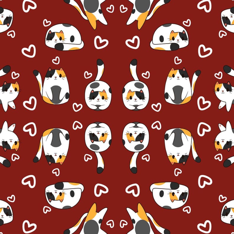 Pode incluir: Padr&atilde;o repetitivo de gatos de desenho animado em branco, laranja e preto, com cora&ccedil;&otilde;es brancos em um fundo vermelho escuro. Os gatos s&atilde;o retratados em v&aacute;rias poses, criando um design caprichoso e divertido.