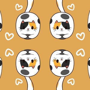 Pode incluir: Padr&atilde;o repetido de gatos de desenho animado em branco, preto, laranja e amarelo. Os gatos est&atilde;o em v&aacute;rias poses, alguns em p&eacute; e outros de cabe&ccedil;a para baixo, com formas de cora&ccedil;&atilde;o espalhadas pelo design. O fundo &eacute; amarelo quente s&oacute;lido.