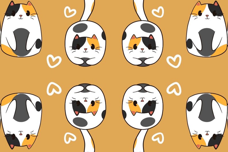 Pode incluir: Padr&atilde;o repetido de gatos de desenho animado em branco, preto, laranja e amarelo. Os gatos est&atilde;o em v&aacute;rias poses, alguns em p&eacute; e outros de cabe&ccedil;a para baixo, com formas de cora&ccedil;&atilde;o espalhadas pelo design. O fundo &eacute; amarelo quente s&oacute;lido.