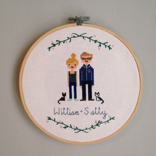 Family Portrait Cross Stitch Custom Embroidery Hoop w/ Border RESERVED FOR PAUL