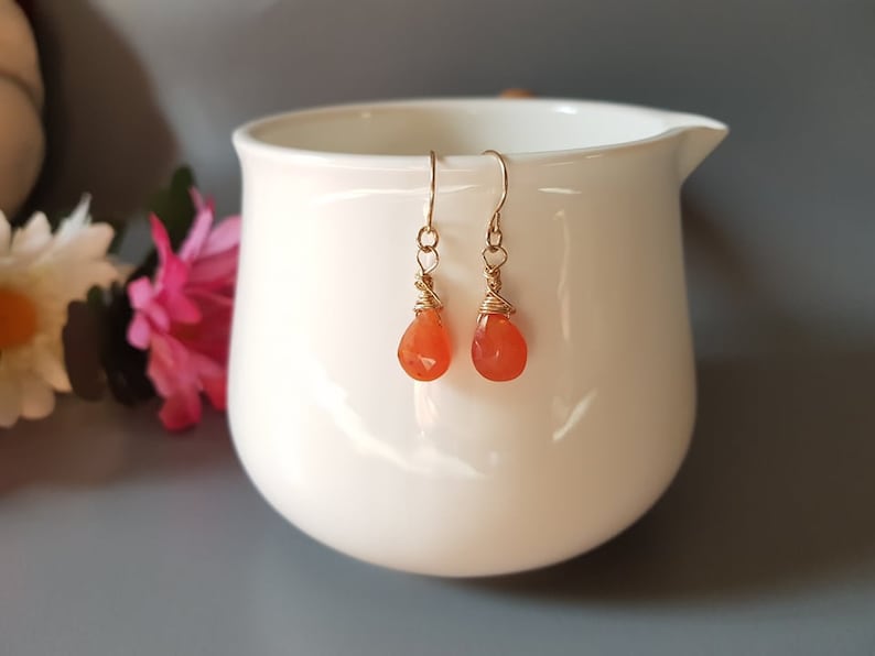 14K Gold Filled Carnelian Earrings Classy Elegant Wire Wrapped Gift for Her Unique Gemstone