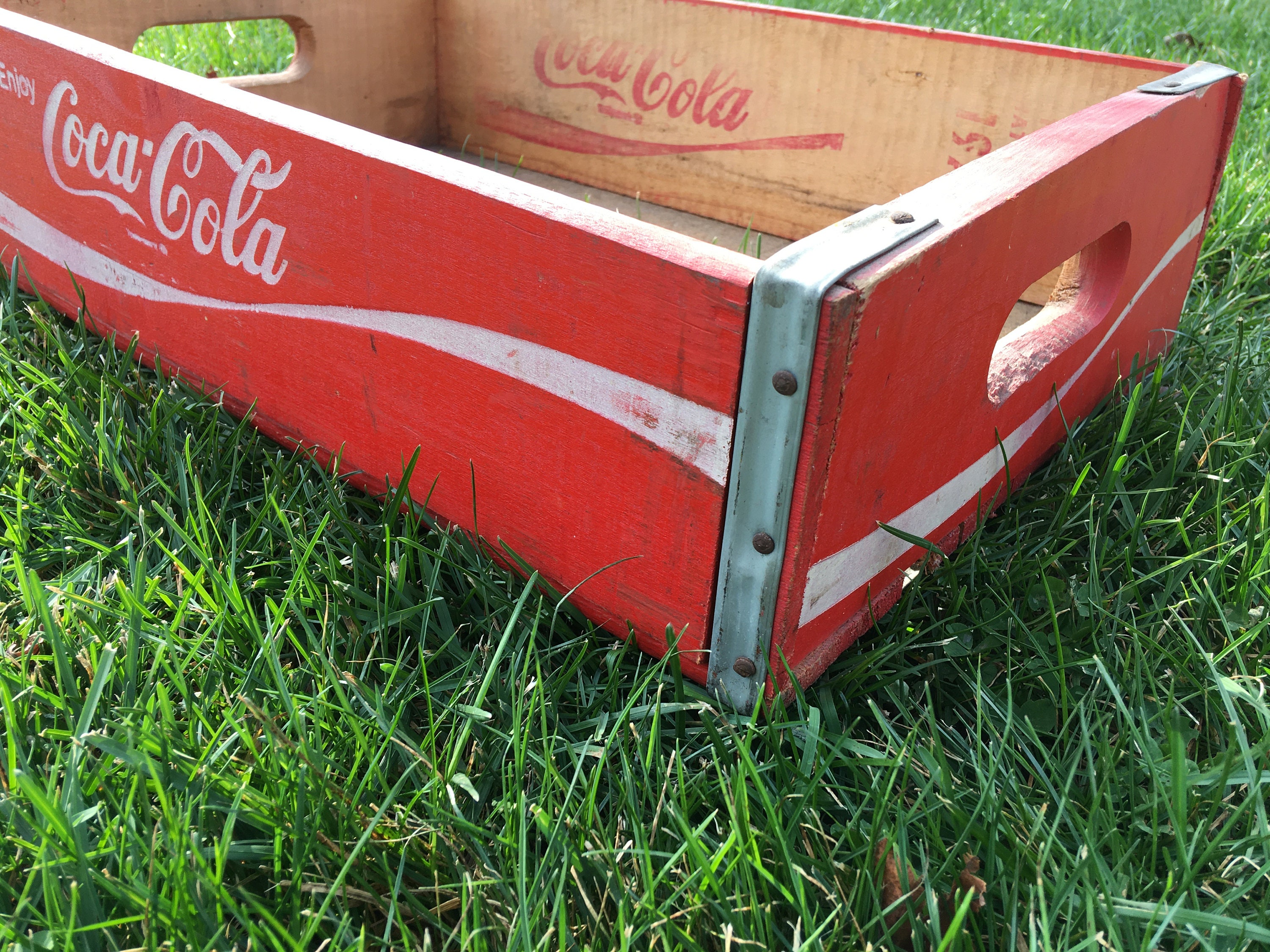 2 Vintage Style Red Coca Cola Wooden Boxes 30cm With Bar/handle 