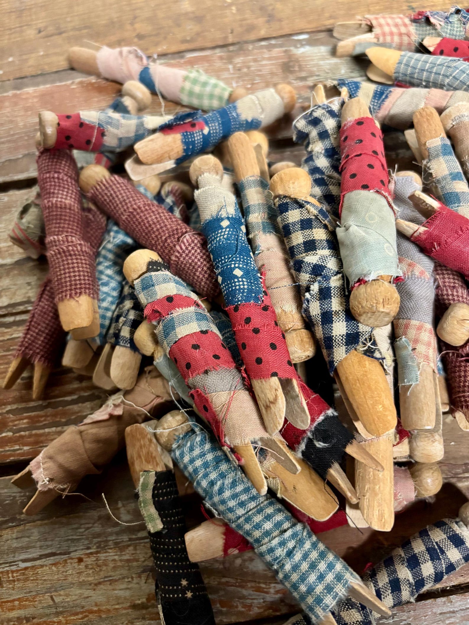 Vintage Homespun Wrapped Wood Clothespins Set (6)...americana ...