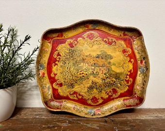 Vintage Paper Maché Serving Tray...Mid Century. Scalloped Edge. Hand Painted. Cottagecore. Made In Japan.