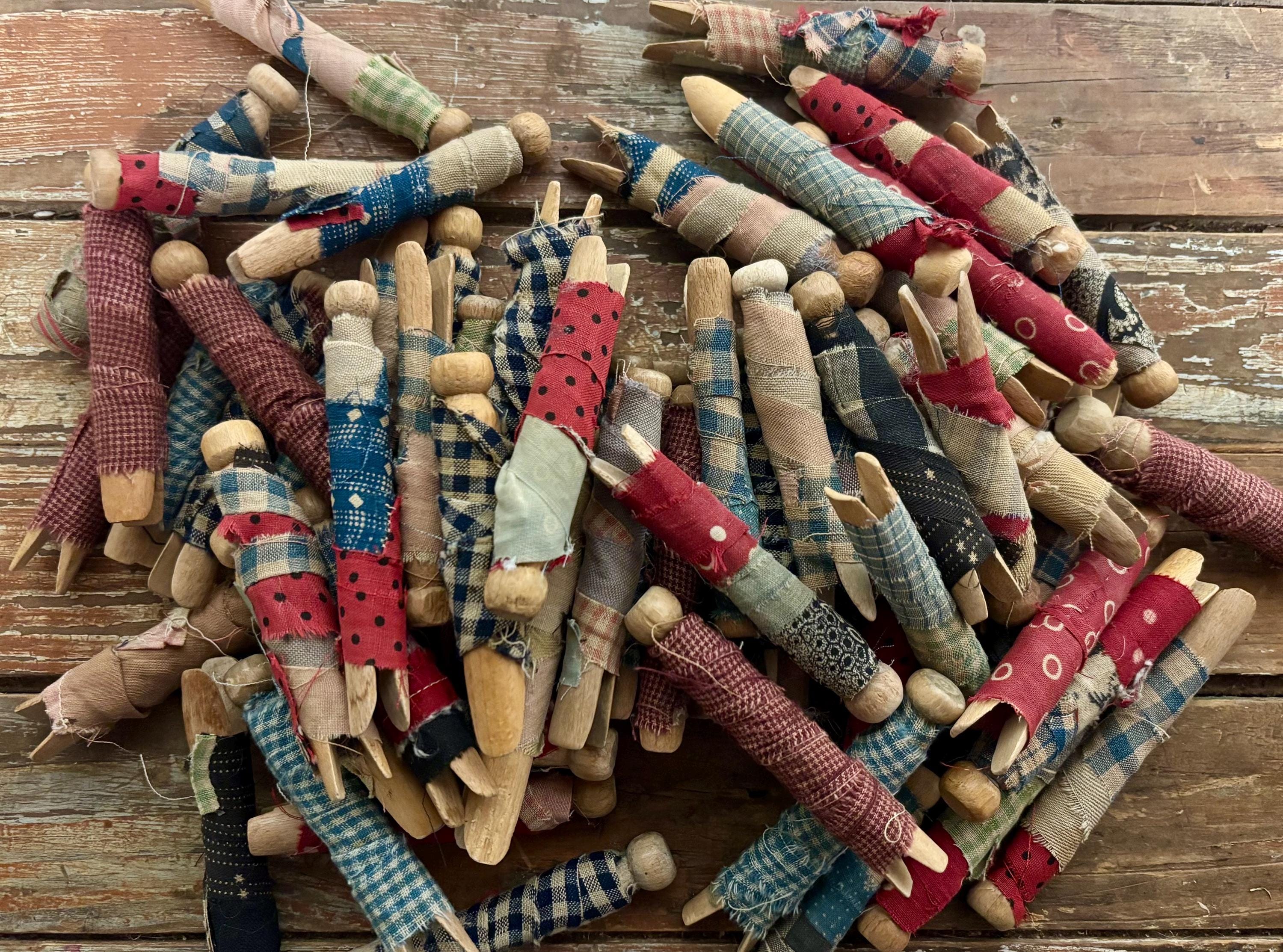 Vintage Homespun Wrapped Wood Clothespins Set (6)...americana ...