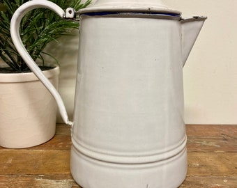 Vintage White Enamel Coffee Kettle...Pot. Old. Metal. Antique. Farmhouse. Primitive. Hinged. Lid. Spout. Retro. White. Blue. Kitchen. Drinks