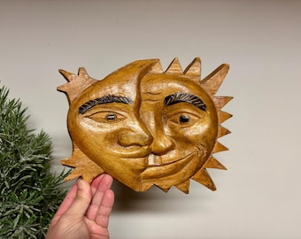 Vintage Hand Carved Sun and Moon Wood Plaque...Celestial. Hardwood. Astronomy. Eclectic Decor.