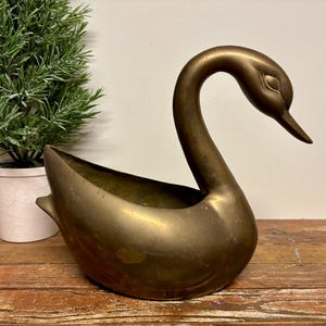 May include: A brass swan-shaped planter with a smooth, metallic finish and a curved neck. The body of the swan is hollowed out to serve as a container, featuring a rounded base and a pointed tail. The metal surface shows natural patina.