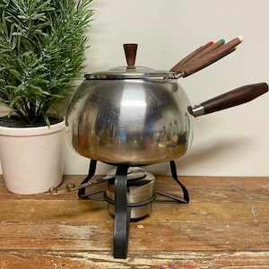 Vintage Stainless Steel Fondue Set: Mid-Century Modern Wood Handle, Japan
