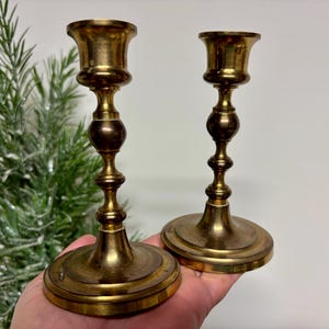 Vintage Solid Brass Candlesticks…Pair. Retro. Gold. Patina. Candle. Holiday. Christmas. Fall. Mantel. Dining Room. Farmhouse. Lighting.