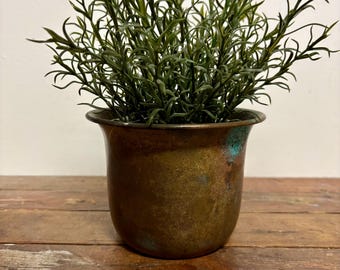 Vintage Brass Plated Copper Planter...Made in England. Rustic Farmhouse Decor. Blue Patina.