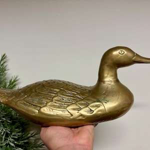 Vintage Brass Duck Figurine…Decoy. Large. Heavy. Statue. Bird. Ornithology. MCM. Feathers. Gold. Trendy. Retro. Lake. Cottage. Mallard. Old