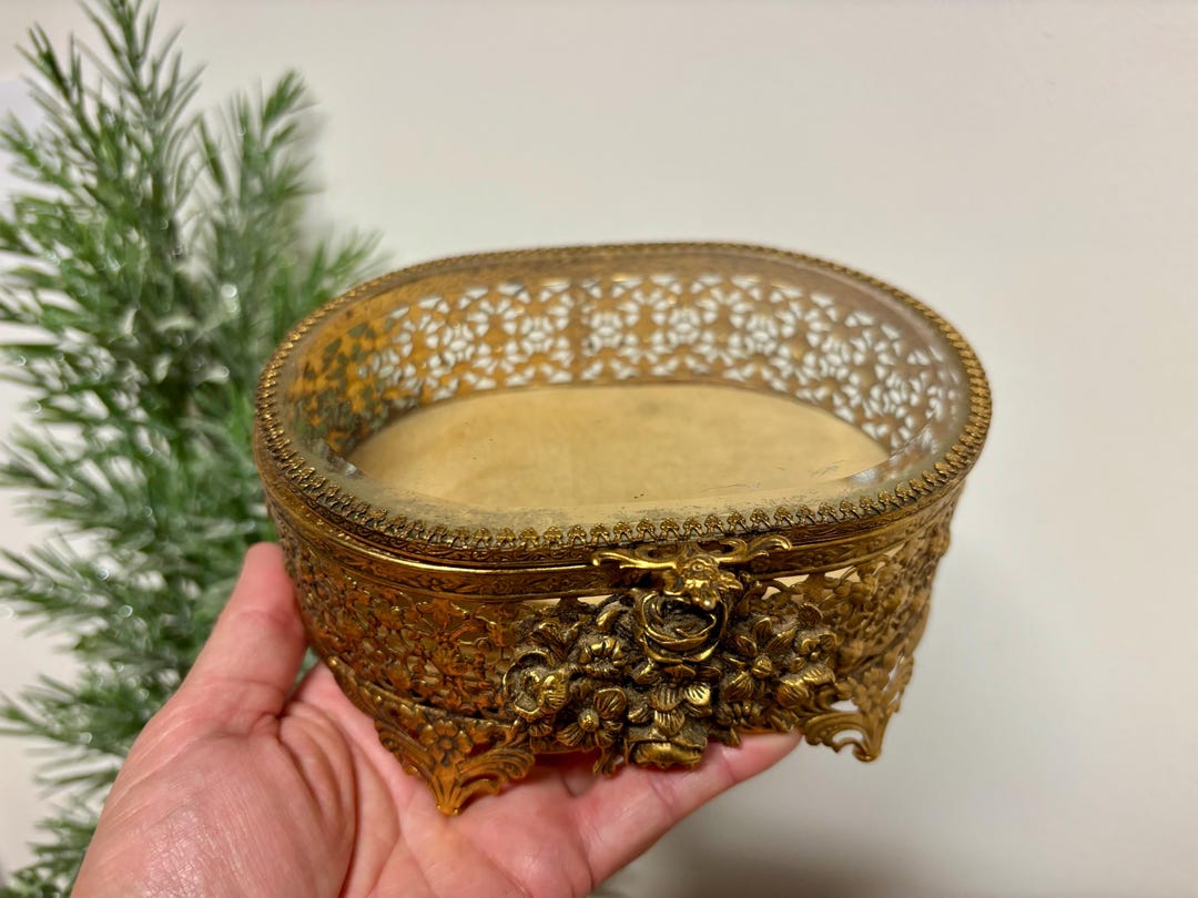Vintage Brass Jewelry Box…trinket Box. Necklaces. Hinged. Casket. Glass Lid. Art Nouveau. Ornate. Gold. Oval. Victorian. Decorative. Velvet. - Etsy