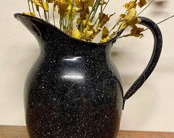 Vintage Black Spatterware Enamel Pitcher... Antique. Water. Metal. Speckled. Autumn. Fall. Halloween. Farmhouse. French Country. Container.